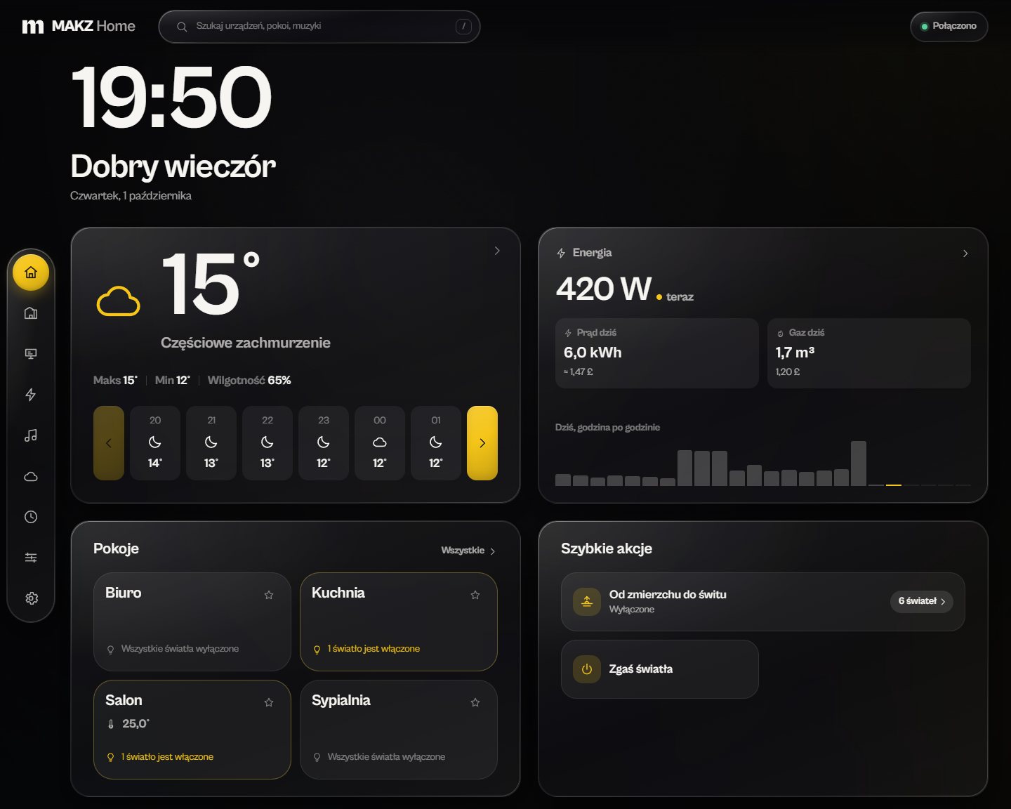 The MAKZ Home screen: weather, energy, rooms and quick actions